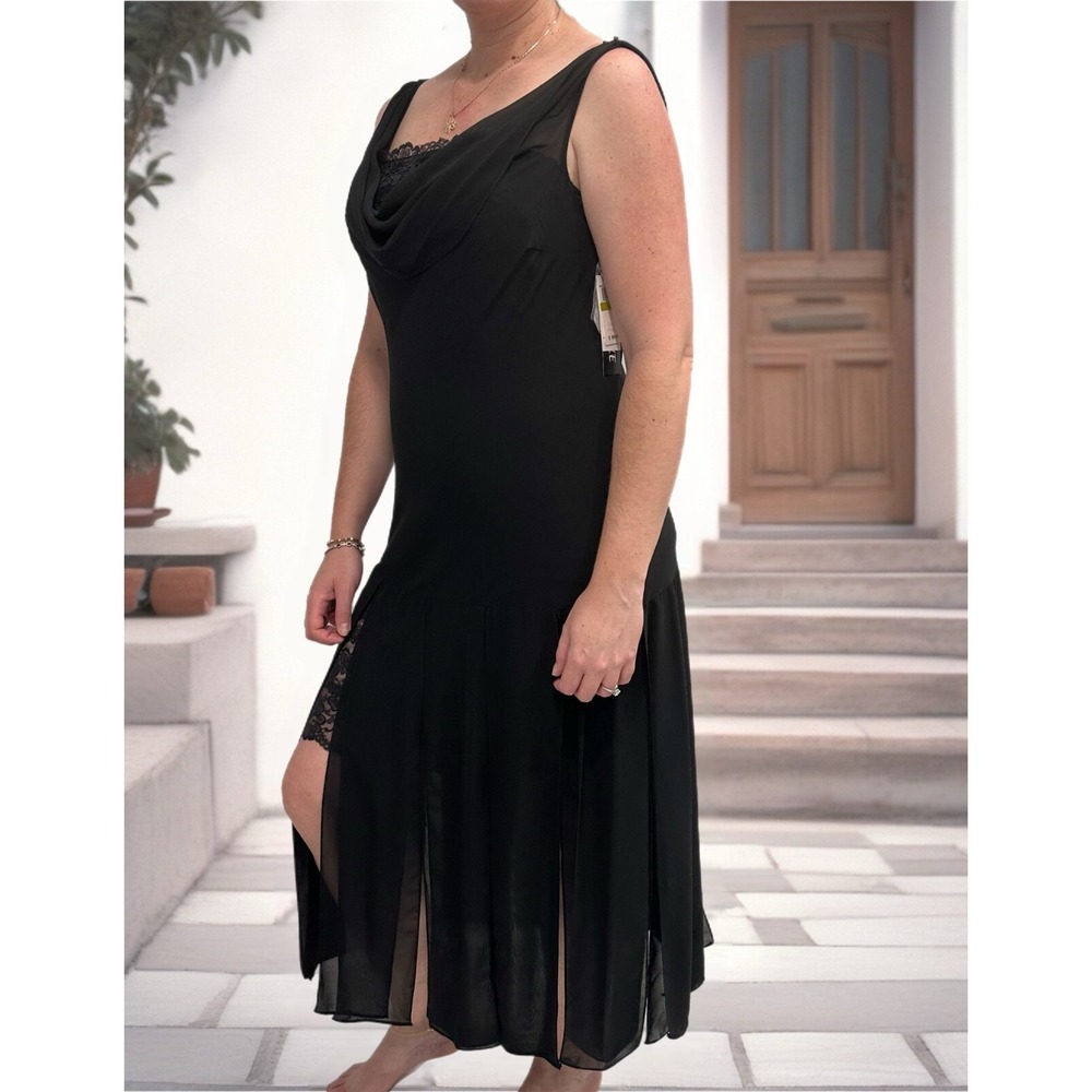 Y2K Eva Blue Woman's Size-14 Maxi Dress Black Cowl Neck Lace Trim